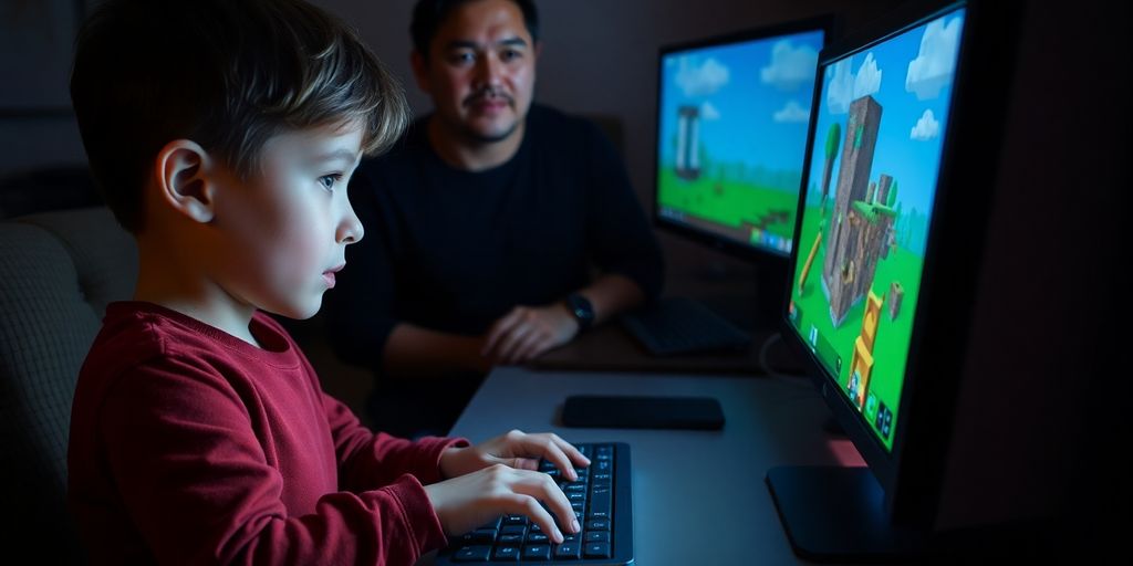 Child playing Minecraft, parent watching concerned
